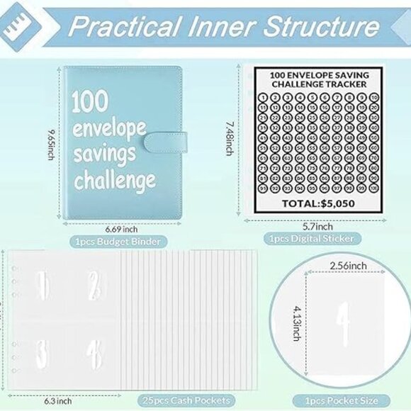 100 Envelope Savings Challenge Binder, Light Blue, New Sealed - Picture 5 of 5